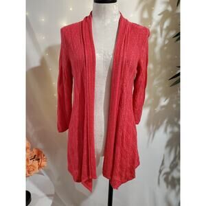 Nic + Zoe Linen Blend Open Pointelle Knit Cardigan Size L Semi Sheer Coral Pink